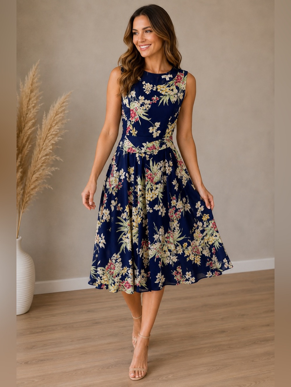 Amelia Navy Blue Floral Print Sleeveless Midi Dress Size 2